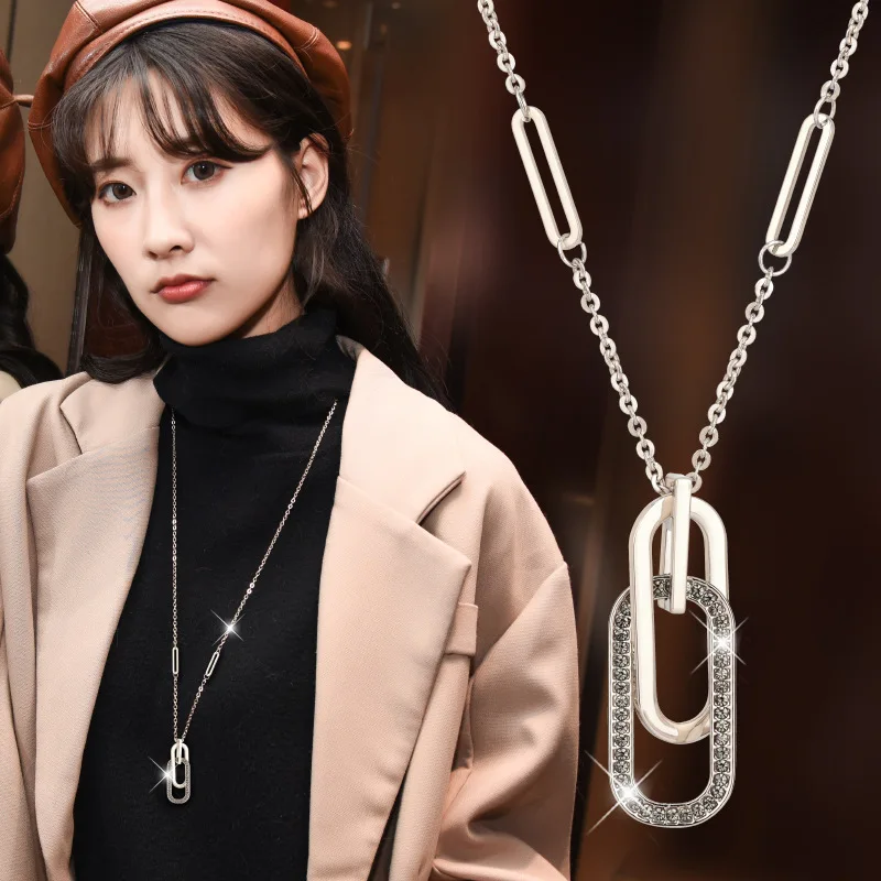 

Fashion Geometric Long Necklace Women Etrendy New Jewelry Double Ovals Hanging Necklaces Pendants