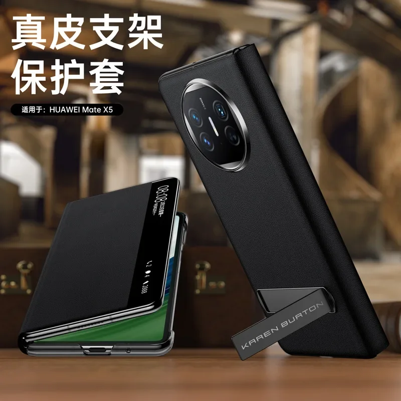 

Magnetic Genuine Leather Material With Kickstand Bracket Window For Huawei Mate X5 Case