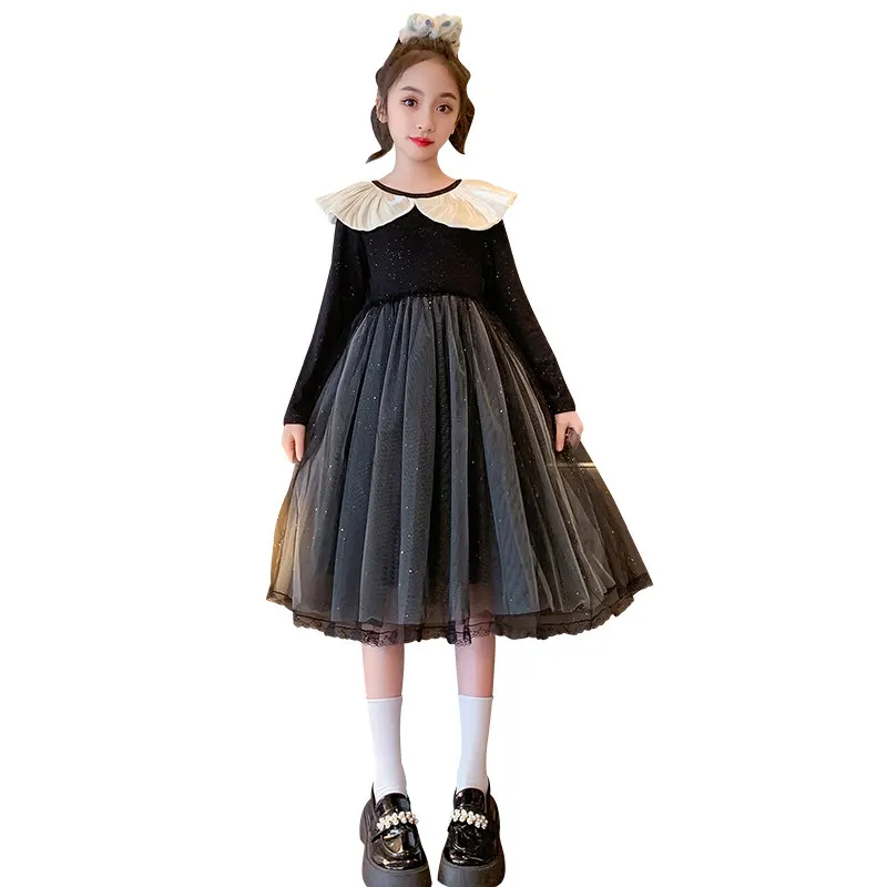 

Korean Style Dress For Girls With Turn-down Peter Pan Collar Kids Elegant Vintage Long Sleeve Dresses Black Color Mesh Clothing