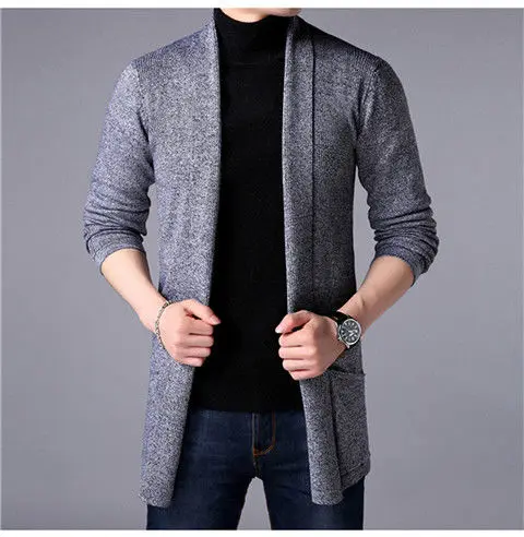 Men Autumn and Winter Korean Style New Turtleneck Knit Cardigan Sweater Solid Color Pockets Splicing Casual Long-sleeved Coat