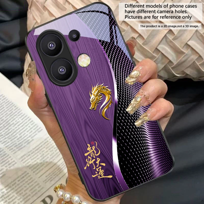 Elegant Black Tempered Glass Phone Case with Traditional Dragon Totem Design