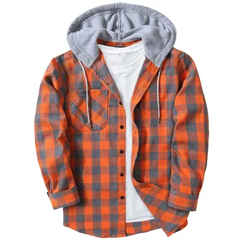 Plus Size Fake 2 Piece Men's Hooded Shirt Jacket Vintage High Street Hip Hop Casual Outwears Autumn Plus Size Button Sweatshirts 4