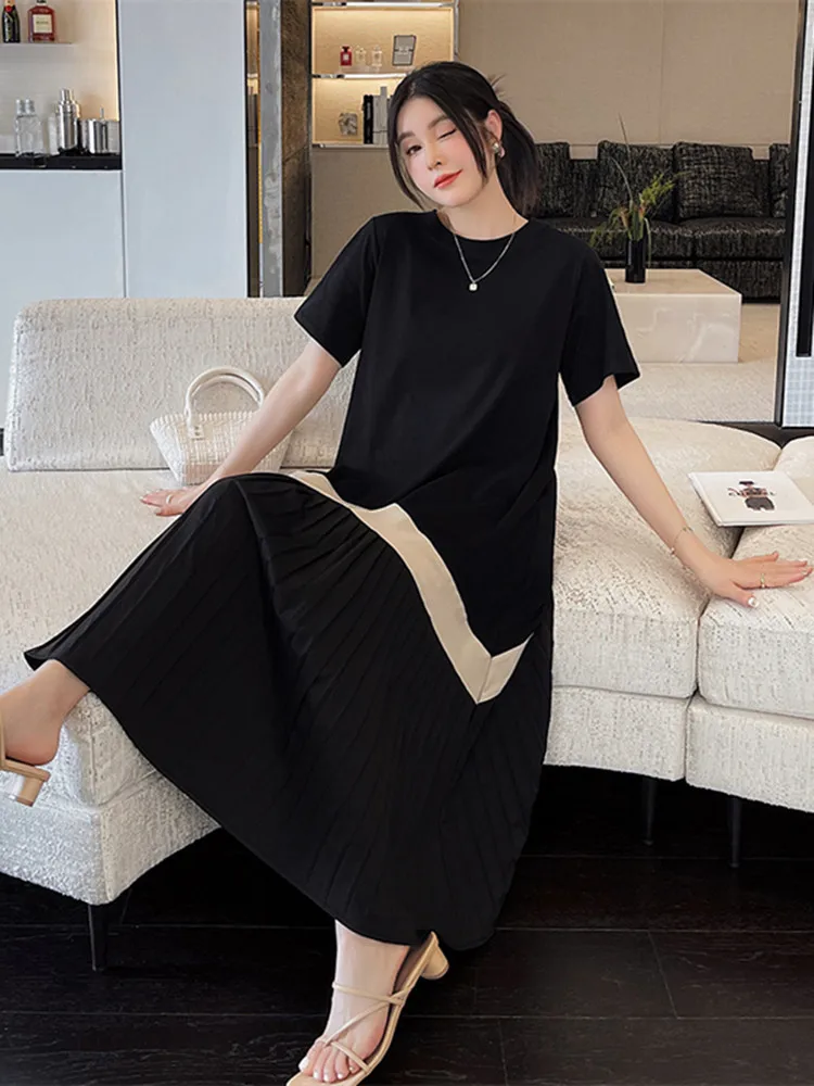 2023 Summer New Women's Long Dress Loose Casual Style Contrast Pleated