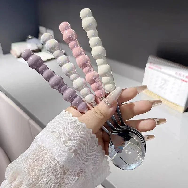 Pearl Handle Spoon Stainless Steel Stirring Spoons Party Cutlery Gadgets Ice Cream Cake Dessert Spoon Bar Kitchen Access 1PCS stainless steel spoon