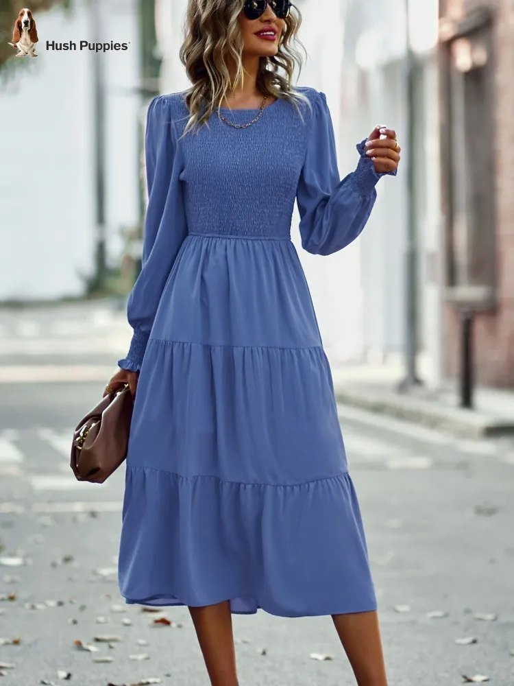 

Hush Puppies Ladies Vintage Lantern Sleeve Solid Midi Dress Fashion Causal O-neck Elastic Waist Ruffles Dress Female Party