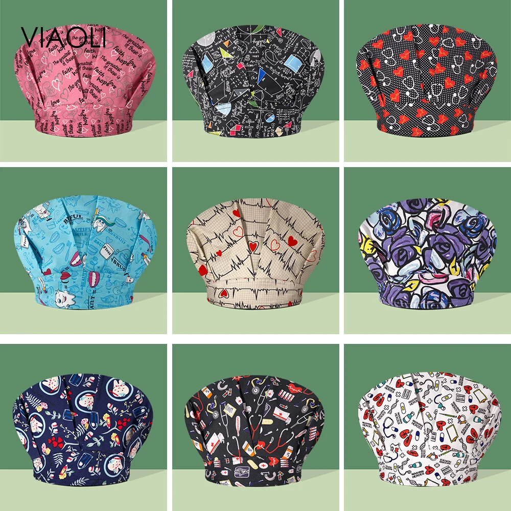 

High Quality Nurse Accessories Cartoon Printed Clinical Scrub Cap Breathable Lab Dustproof Work Caps Cotton Nurse Hats Wholesale