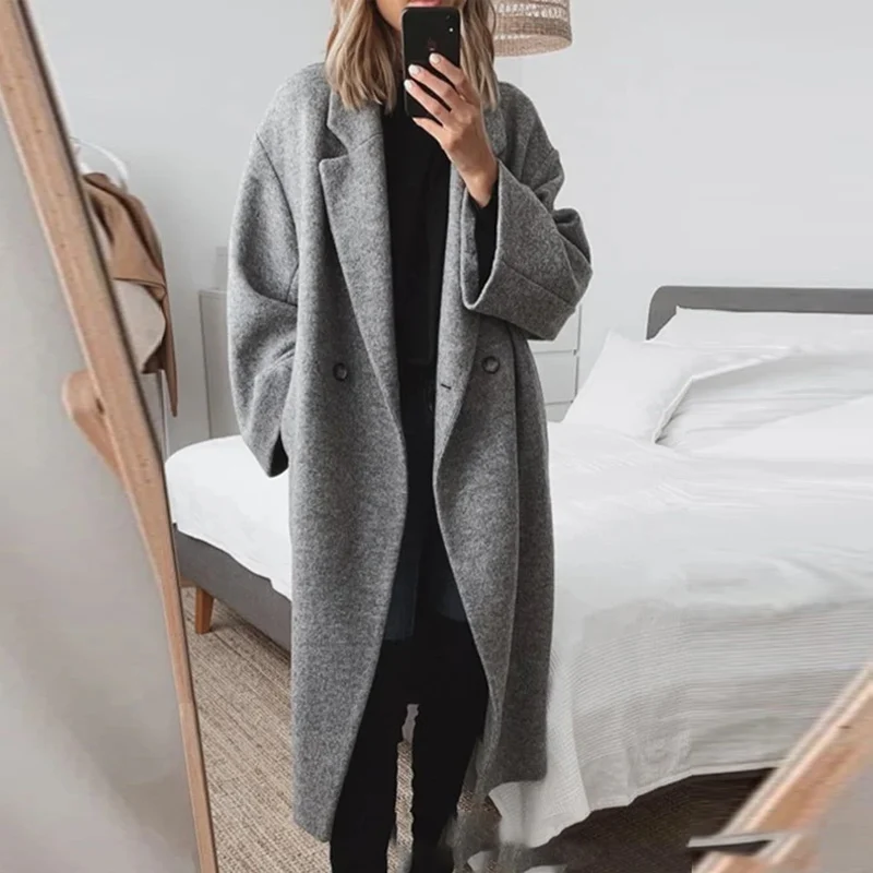 

Autumn Fashion Turn-down Collar Cardigan Coats Women Casual Long Sleeves Solid Outwears Winter Elegant Elegant Woolen Overcoats