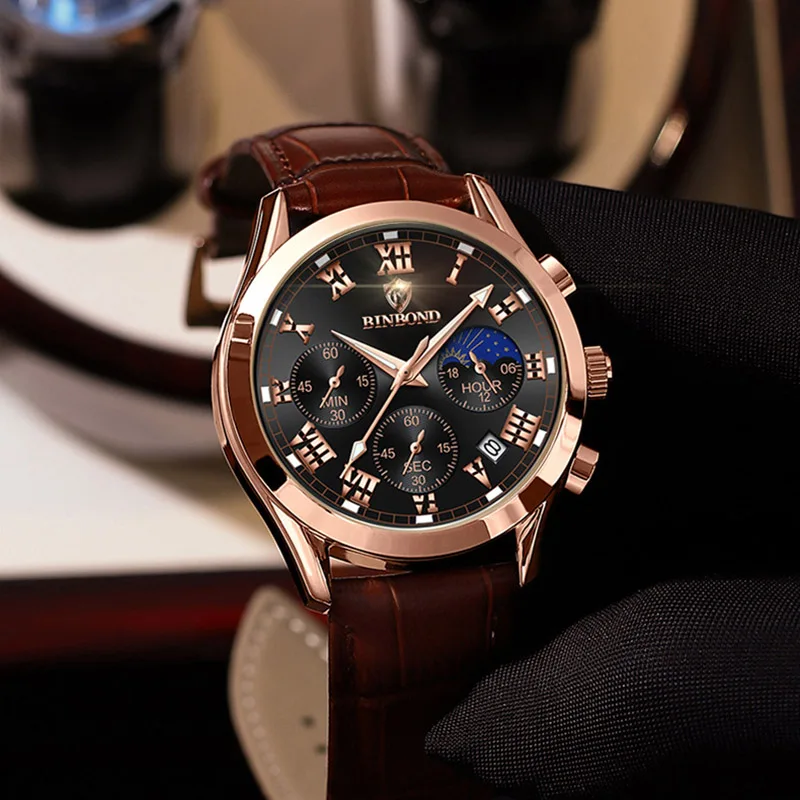 

Fashion Brand Men's Watch Leather Strap Ultrathin Hand Clock Calendar Timing Lunar Phase Waterproof Original Quartz Wristwatch
