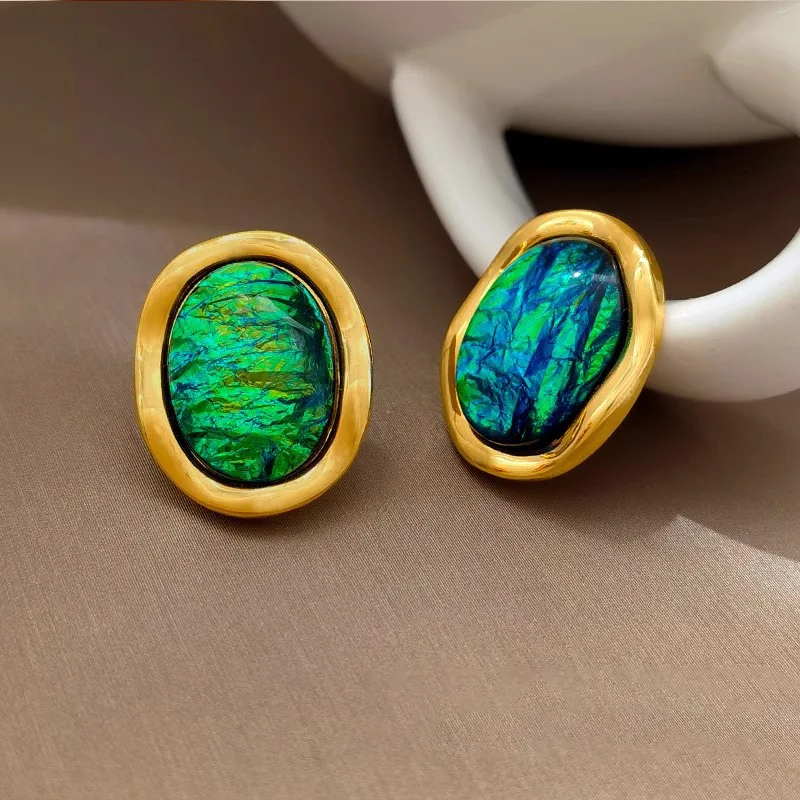 

New Arrival 925 Sterling Silver Retro Green Temperament Geometric Ellipses Earrings For Women Girl Jewelry Gifts Dropshipping