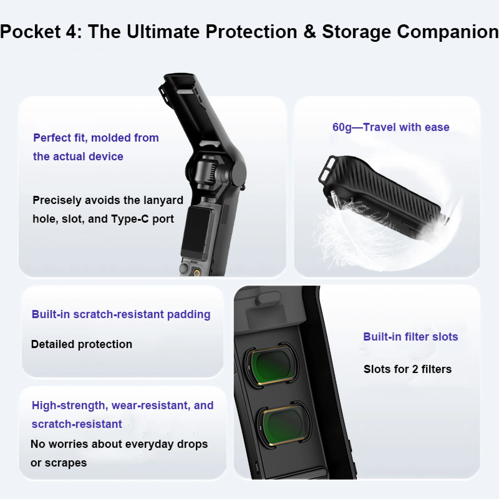 DJI Pocket 4용 ? 필터 슬롯이 내장된 풀 커버리지 보관 케이스, 긁힘 방지 패드, 경량 60g, 내마모성