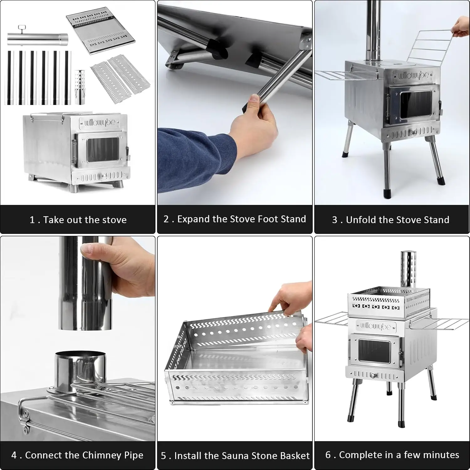 Outdoor Sauna Hot Tent Stove, Rocket Stove Heater, Portable Camping Wood Stove for Dry Sauna, Cooking 4