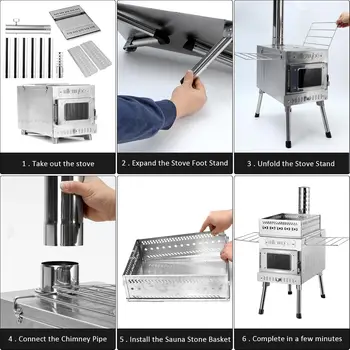 Outdoor Sauna Hot Tent Stove, Rocket Stove Heater, Portable Camping Wood Stove for Dry Sauna, Cooking 4