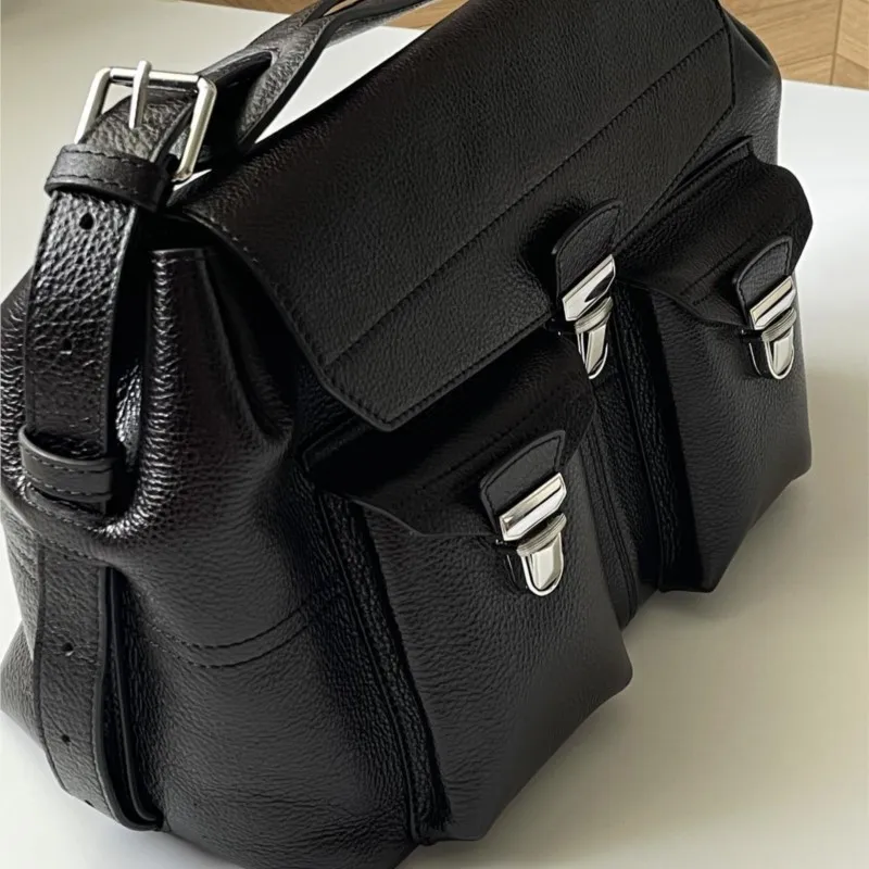 Retro Black Messenger Bag Women Hot Girl Leather Large Capacity Multi Pocket Tote Bag Ladies Sle Commute Shoulder Crossbody Bag