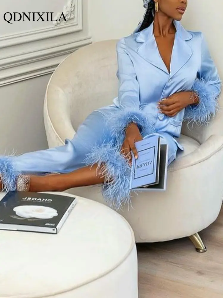 2023 Fall Two Piece Sets Womens Outfits Hot Feathers Pajama Female Matching Set Pants and Elegant Blouse Korean Fashion Suit