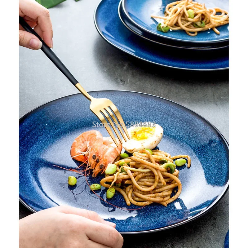 Brief Blue Starry Sky Round Ceramic Plate Restaurant Tableware Porcelain Dinner Plate Steak Pasta Dish Tray Fruit Salad