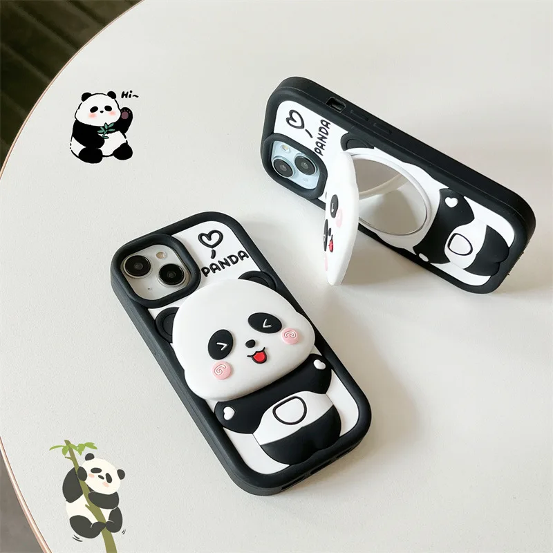 Adorable Panda Flip Mirror Silicone Phone Case - Shockproof Protective Cover