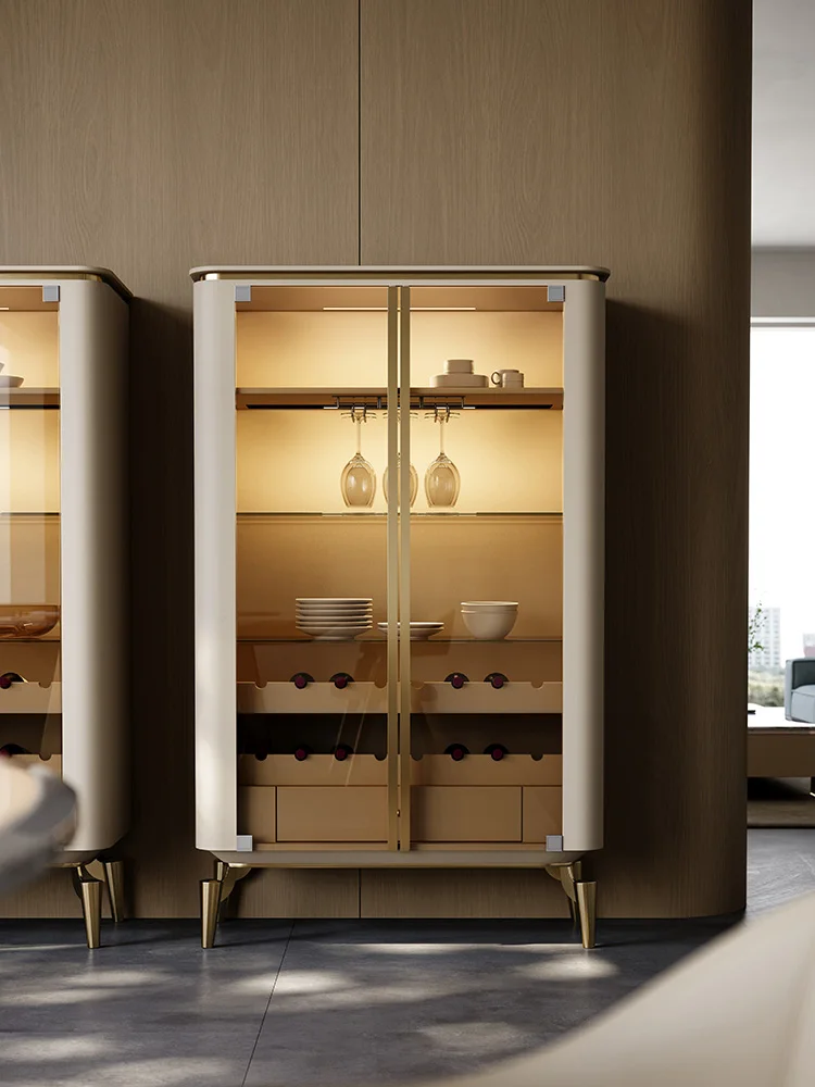 

Wine cabinet living room against the wall 2022 designer new stainless steel glass double door light luxury sideboard