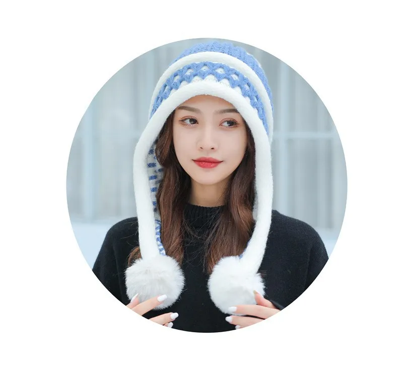 Neue Gestrickte Hut Dicke Warme Earflap Hüte Schal 2Pcs Set Fleece Gefüttert Ball Bommel Skullies Beanies Frauen Winter kaninchen Fell_voghion.com