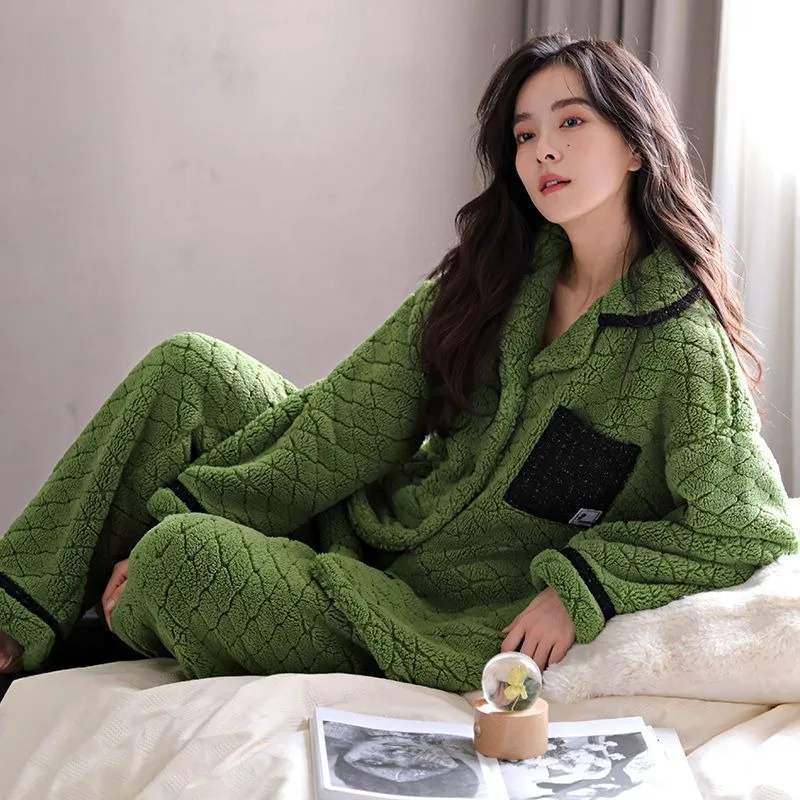 2024 New Women Pajamas Winter Thermal Coral Fleece Long Sleeve Cardigan Thickened Velvet Female Homewear Nightclothes Suit