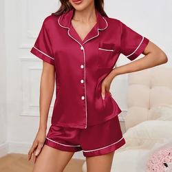 Women's Silk Satin Button - Down Pajama Shorts Set - Luxurious Two - Piece Sleepwear & Loungewear - M (Wine Red)