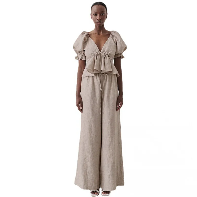 Spring and Summer Cotton and Linen Lace-up Exposed Back V-neck Puff Sleeve Short-Sleeved Shirt Women's Wide-Leg Pants Slimming T