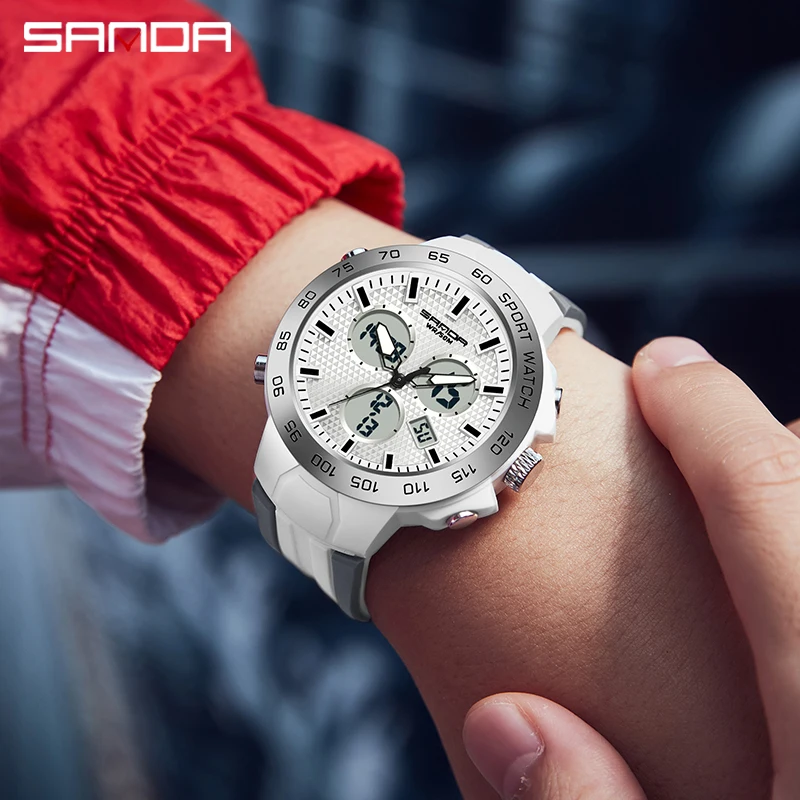 SANDA Mens Sports Quartz Watches Men LED Digital 5ATM Waterproof Sports Military Watch For Men Dual Display Wrist Luminous Reloj