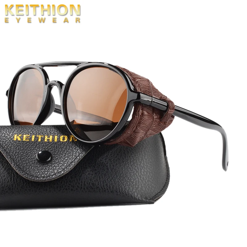 

KEITHION Steampunk Men Sunglasses With Side Shields 2022 Summer Style Leather Round Sun Glasses Women Retro UV400