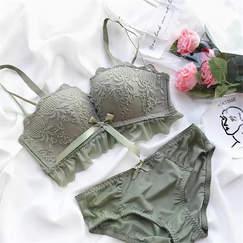Korean Fashion Push Up Bras and Panty Set for Women Black Mesh Bow Embroidery Non Wire Bralette Mujer Sexy Lingerie Set Lenceria