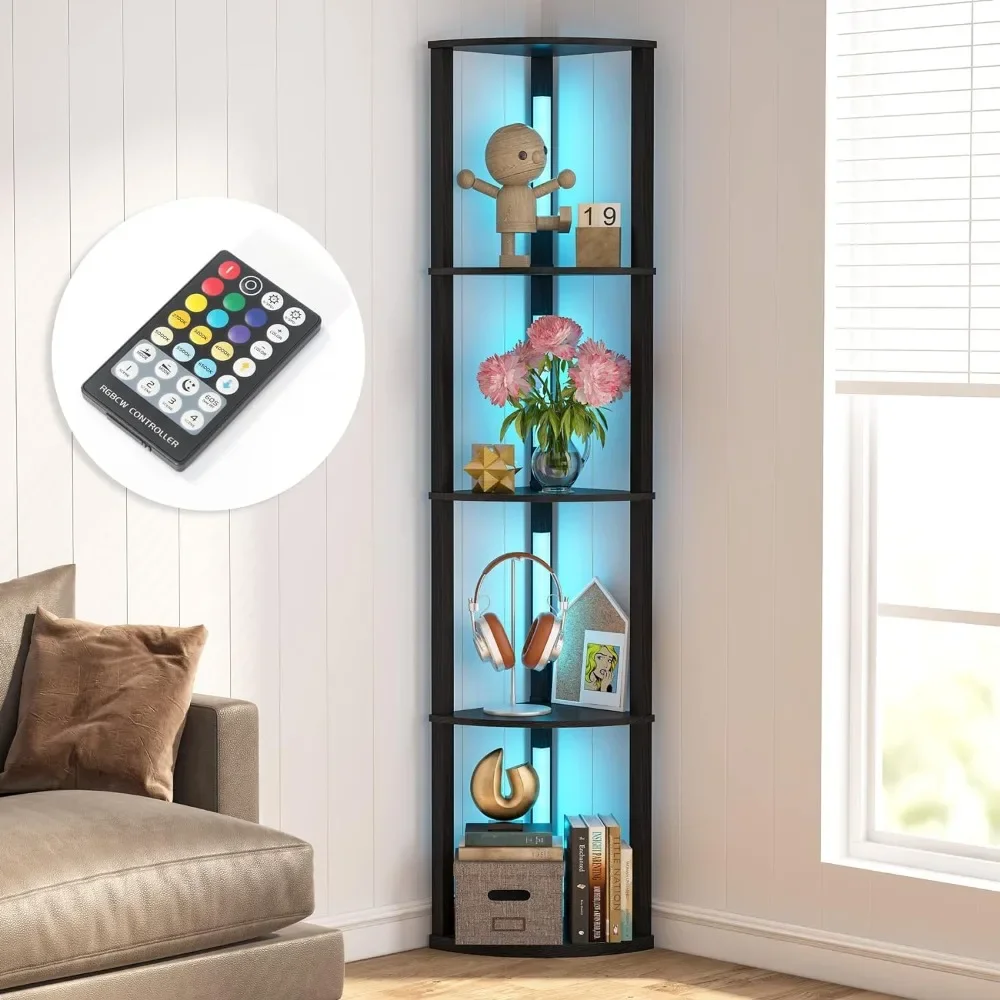 

Corner Display Shelf with 6 Color Lights, Corner Bookshelf Bookcase with LED Lighting, Dimmable Standing Floor Curio Shelving