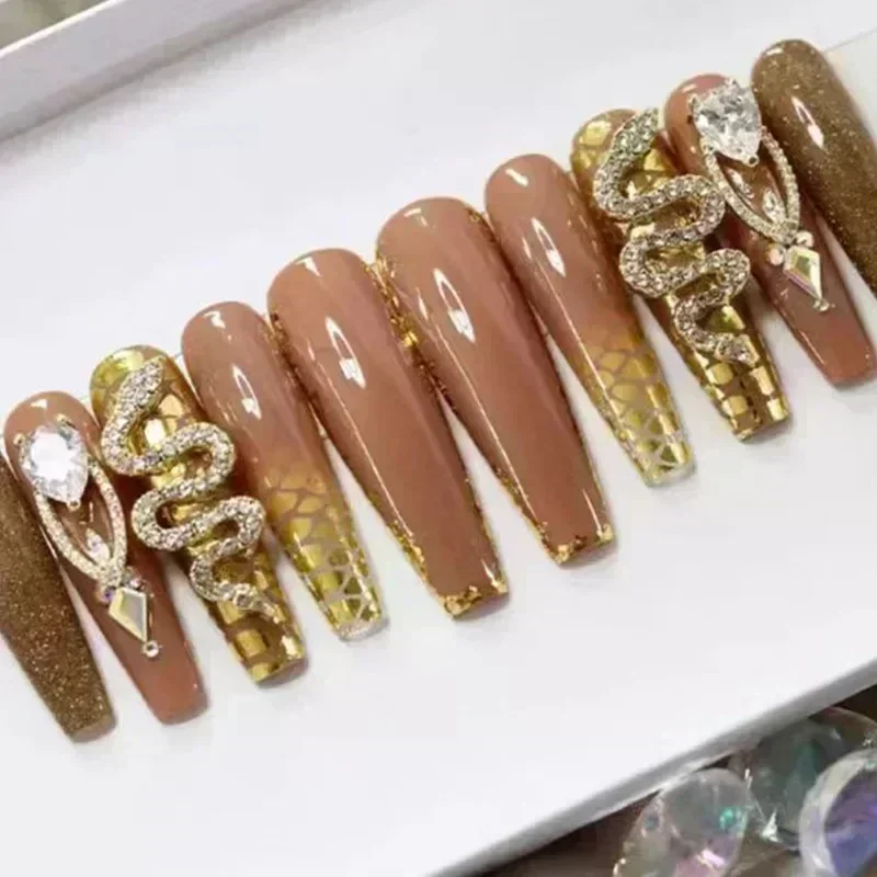 False Nails 24Pcs Long Coffin False Nails with Glue Wearable Brown Fake Nails with Rhinestones Ballet Press on Full Cover Nail Tips