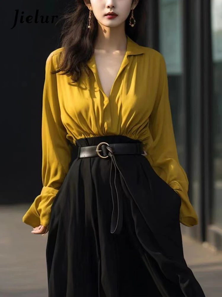 

Jielur Two Piece Spring New Solid Color Woman Dress Simple Basic Office Chic Women Dress Fashion Street Slim Long-sleeved Dress