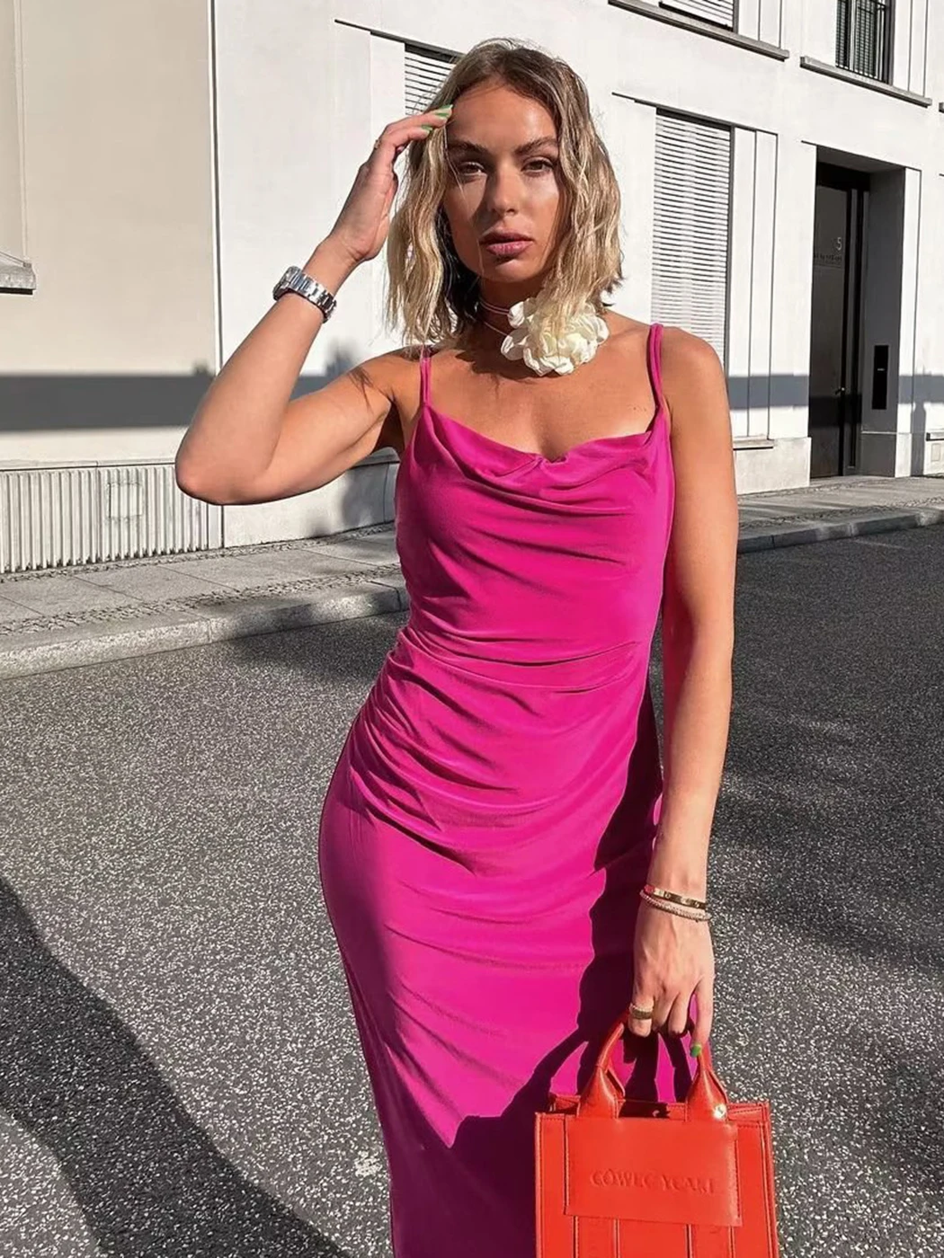

Jastie Y2K летнее новое розовое платье на бретелях женское модное Плиссированное длинное платье на бретелях женское однотонное сексуальное приталенное облегающее платье с запахом