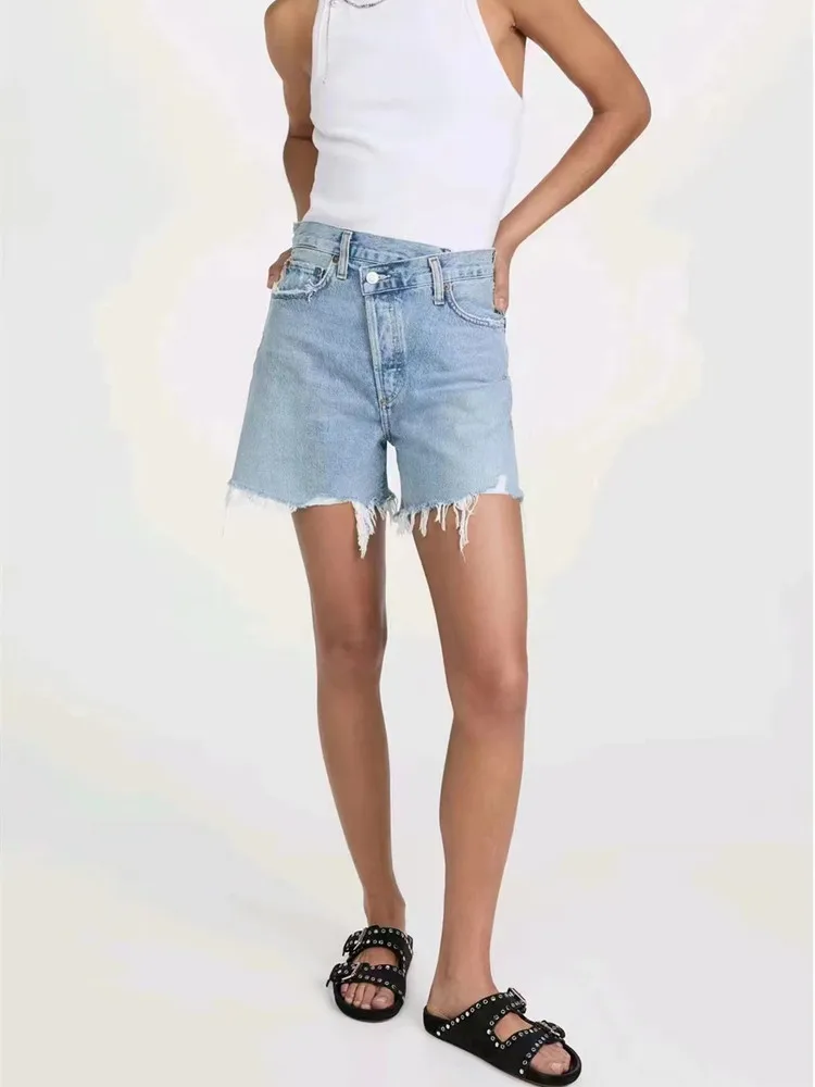 

Women High Waist Offset Design Denim Shorts 2023 Summer Ladies Solid Color Irregular Short Jeans Pants