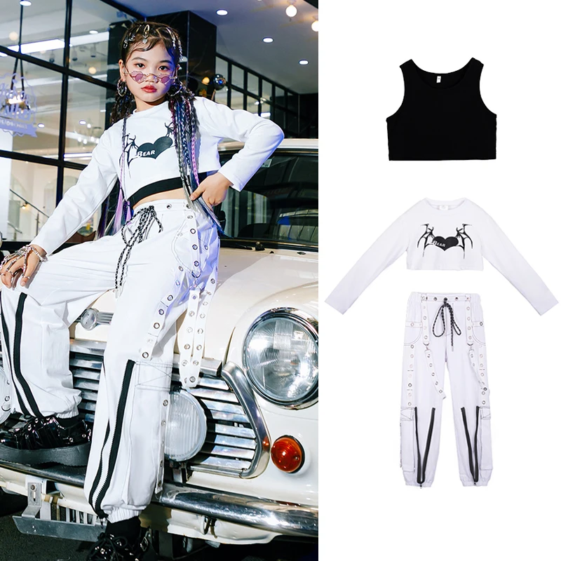 

Kids Performance Street Dance Outfit White Top Hiphop Pants For Girls Ballroom Jazz Dance Costume Stage Kpop Clothes XS7221