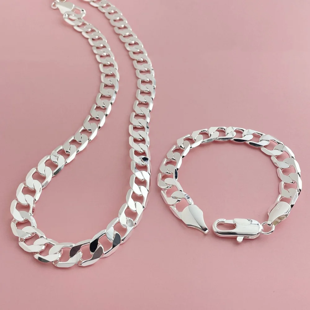  12MM 사이드 체인 팔찌 23CM 목걸이 쥬얼리 세트, 남성용 일상복에 적합