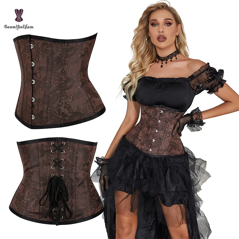 

5 Rows Of Metal Busk Closure Brocade Women's Brown Stempunk Underbust Corset Steel Boned Waist Trainer Chest Binder Bustier