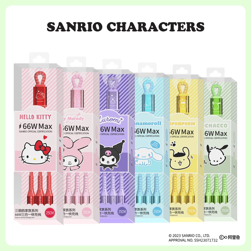 

Мультяшный Sanrioed Kuromi My Melody кабель для передачи данных Ins Girly Heart Kawaii 66 Вт компактный 3-в-1 кабель для быстрой зарядки и передачи данных подарки