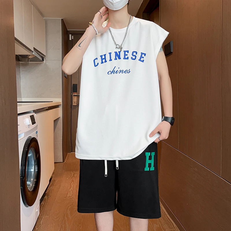 Summer New Loose Men Suits American Street Breathable Sets Casual Sleeveless T-Shirt and Shorts Set Male Sports Suit Tracksuit 2