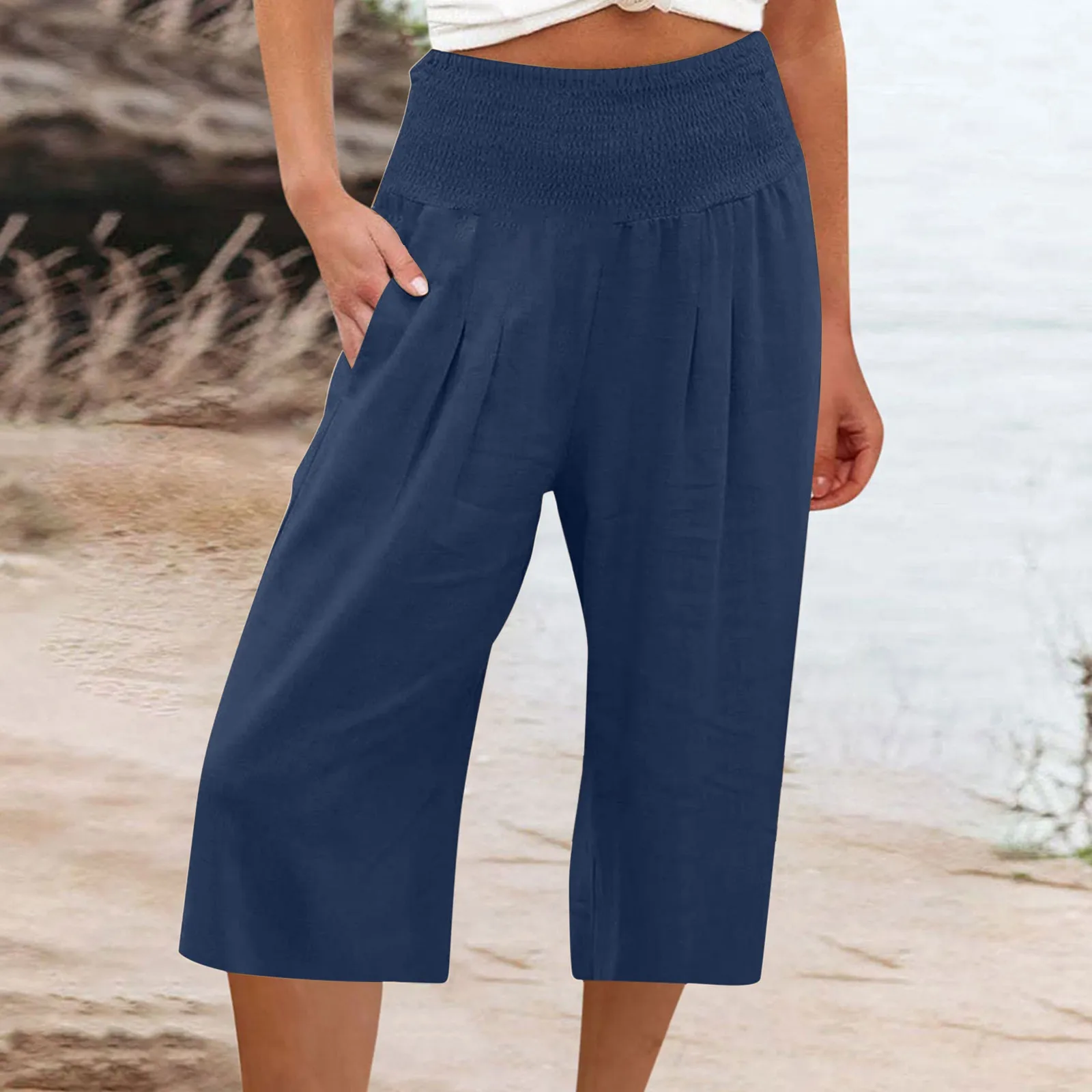 

Summer Women's Cotton Linen Pants Solid Color Elastic Waist Casual Sports Capri Pants Lady Teen Girls Loose Comfy Trousers
