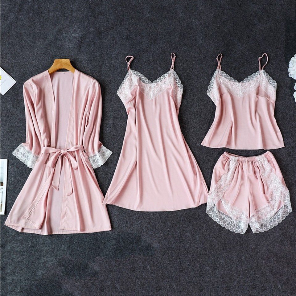 Luxury 4-Piece Lace & Satin Lounge Set - Sheer Camisole + Shorts + Nightgown + Kimono | Women's Sexy Sleepwear Collection