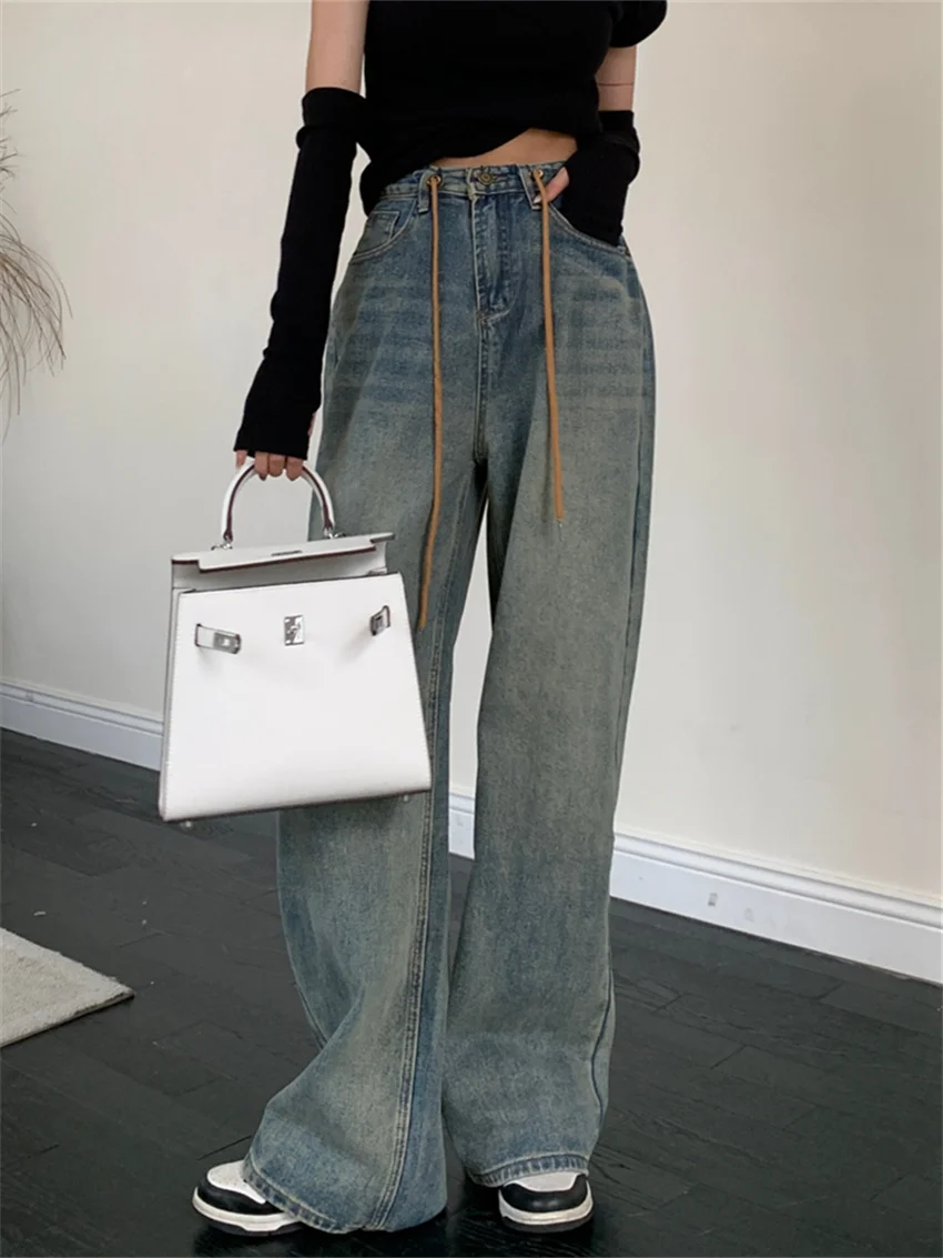

Drawstring Jeans Wide Leg Women Spring Chic Loose Light Washed 2023 Slim Denim New Casual All Match High Waist Pants