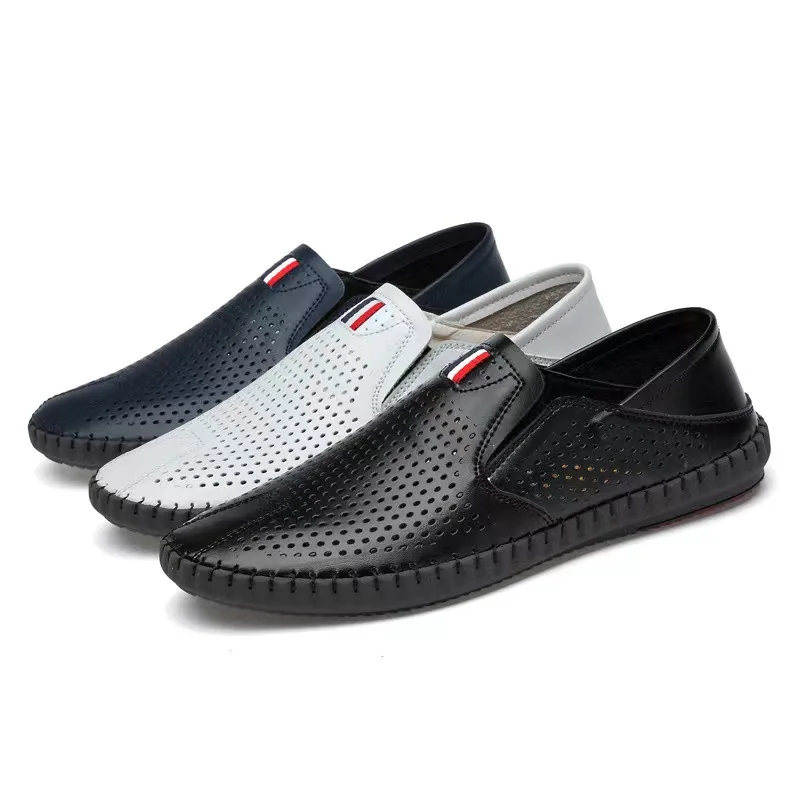 Summer Breathable Leather Men Shoes Summer Slip on Loafers Men Casual Leather Shoes Soft Flats Hot Sale Driving Shoes Moccasins