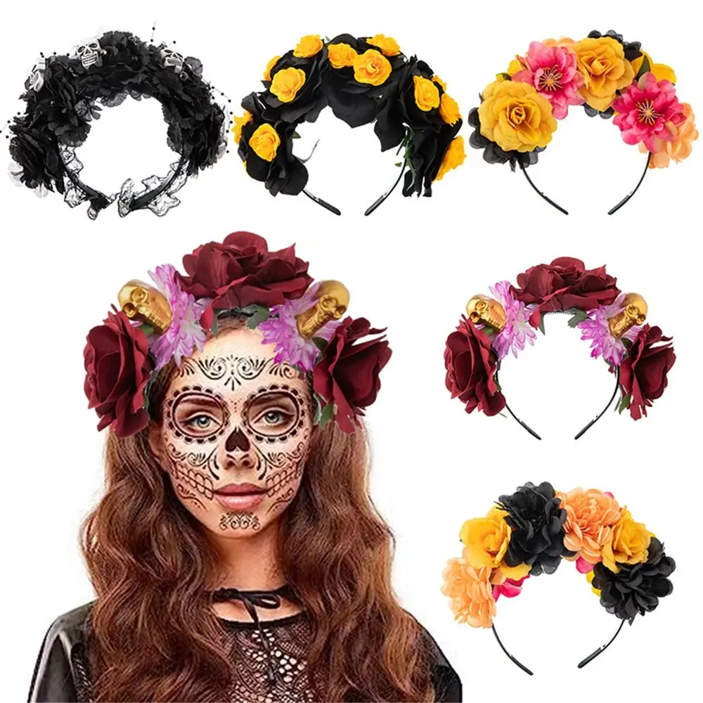 1pc Rose Flower Headband Mexican Rose Flower Crown Headband Headpiece with Black Veil Halloween Party Costume Cosplay Headwear