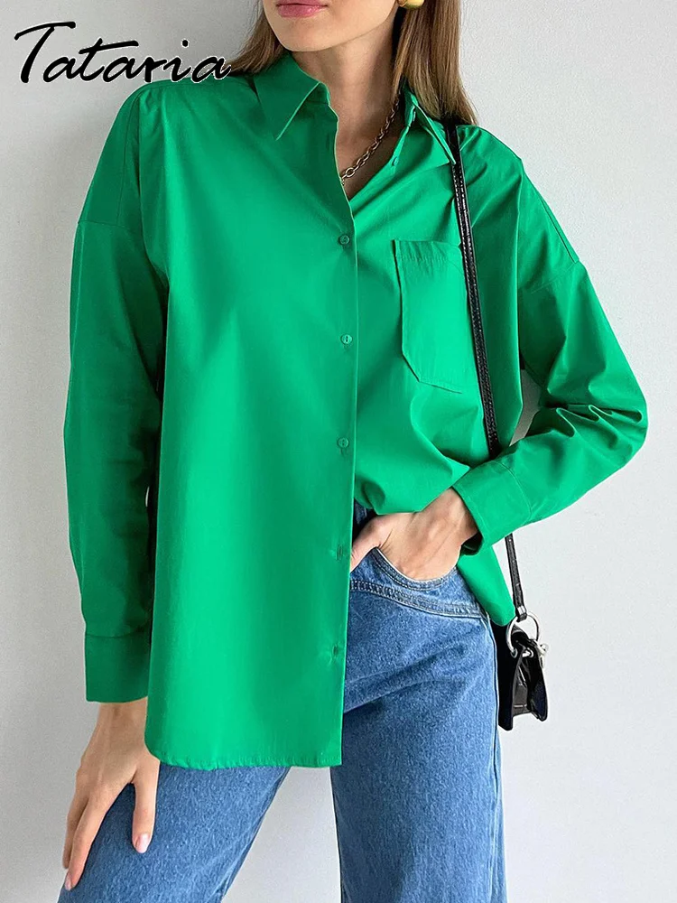 Camisa verde básica de gran tamaño para mujer, 100% de algodón elegantes y hermosas con bolsillo mujer, Tops de manga larga de primavera 2023 - AliExpress