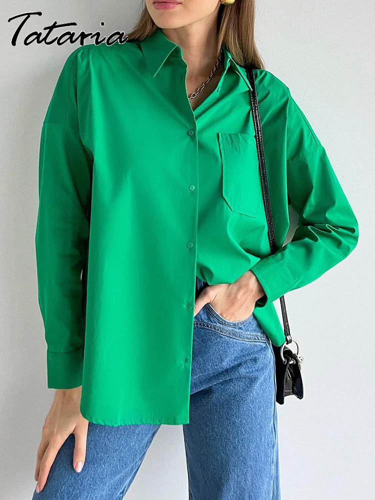 Camisa verde básica de gran tamaño para mujer, blusas 100% algodón elegantes hermosas con bolsillo para mujer, Tops de larga de primavera 2023|Camisa| - AliExpress