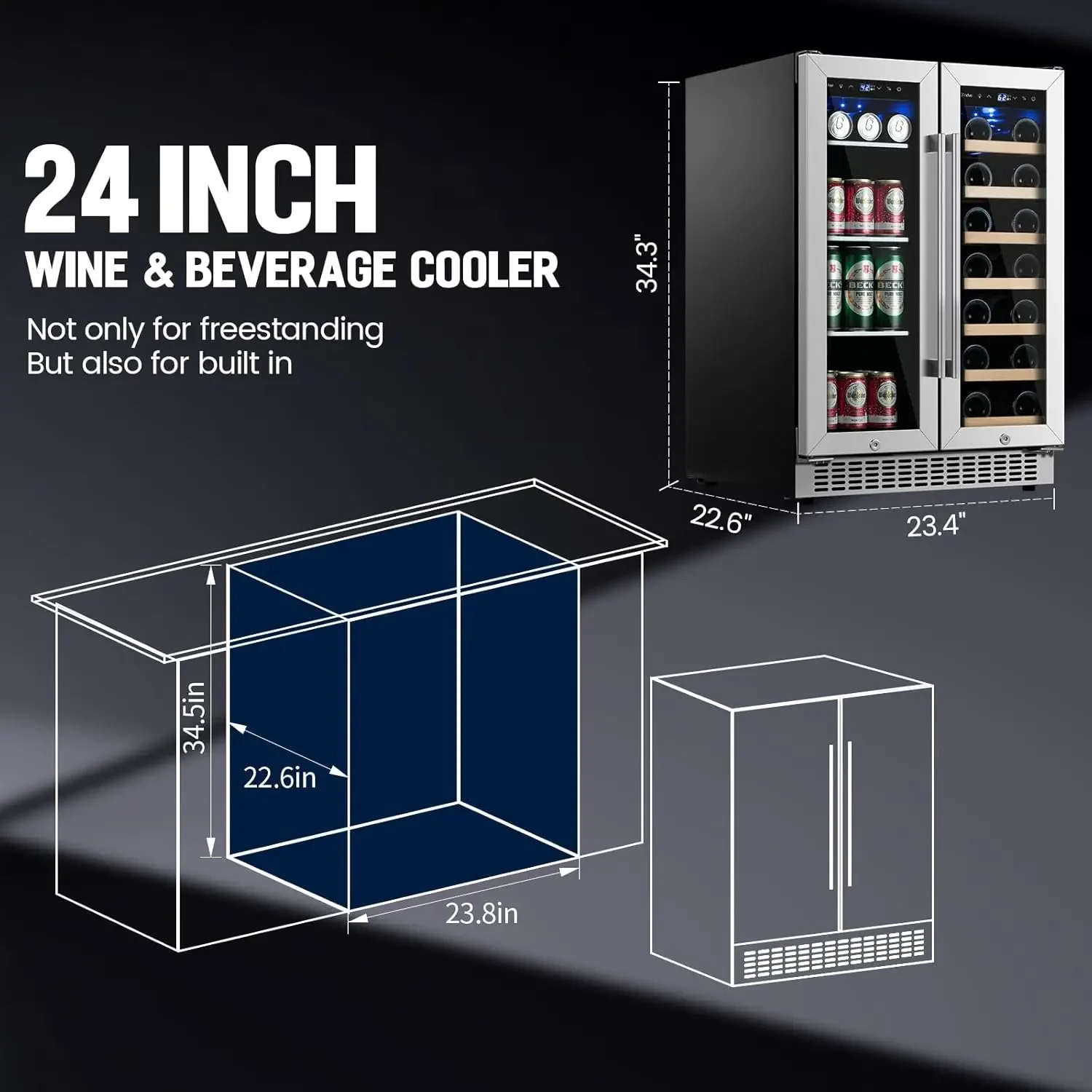 Beverage Refrigerator 24 inch, Dual Zone Wine Cooler Under Counter Lockable 20 Bottles and 88 Cans Fridge Built in Freestanding 6