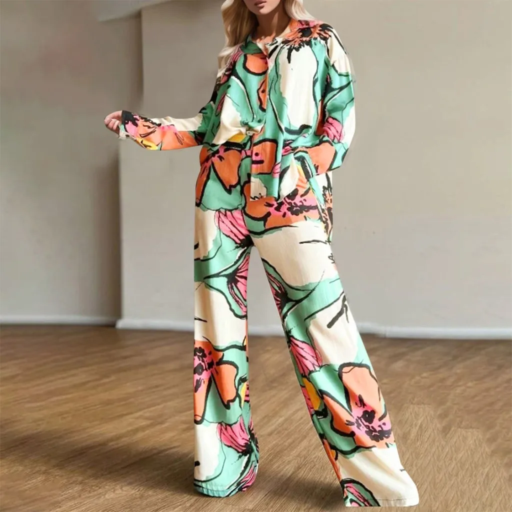 

Женский брючный костюм из двух предметов, блузка на пуговицах с длинным рукавом и цветочным принтом, повседневные свободные брюки с широкими штанинами, осень-весна