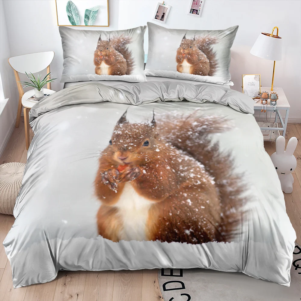 Soft Duvet CoverPillow Shames King Queen Size for Kids Teens Boys Squirrel Funny Animal 2/3pcs Bedding Set Black Uni