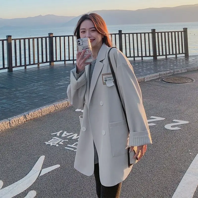 

High Street Blazers Women Korean Fashion Loose Cardigan Blazers Coat Button Pockets Solid Color Office Lady Small Suit Jacket