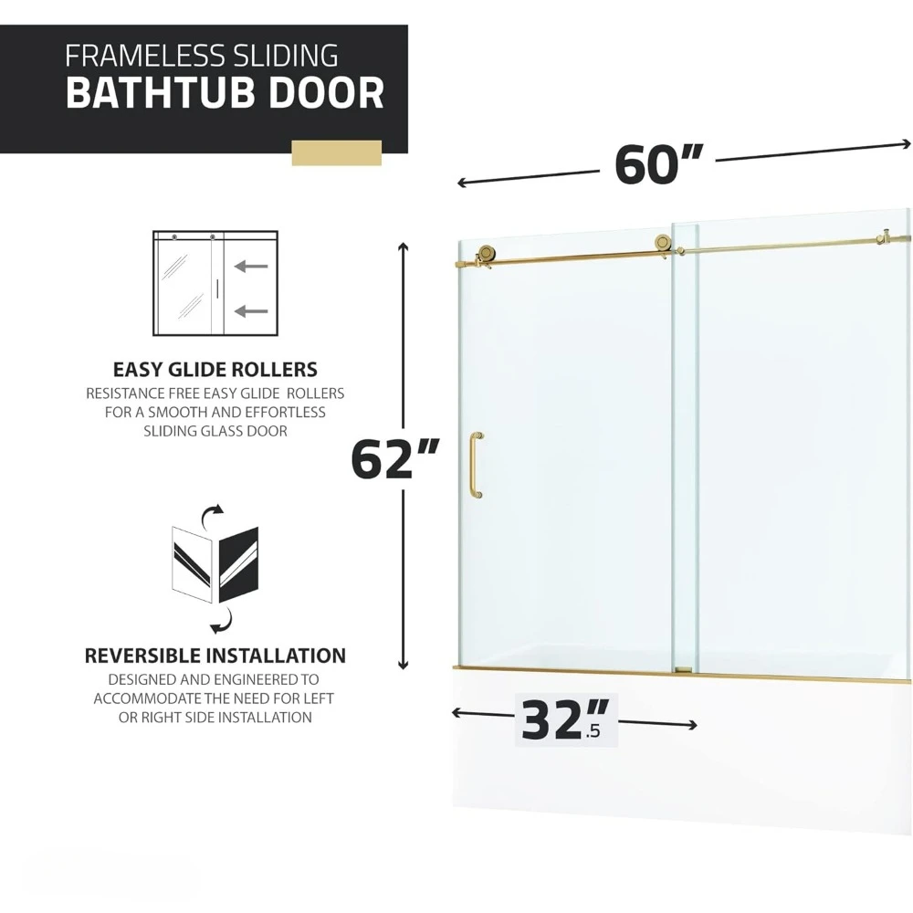 Frameless Bathtub Door, 60&ldquo; X 62&rdquo;, Brushed Gold Finish with Tempered Clear Glass, Sliding Shower Door
